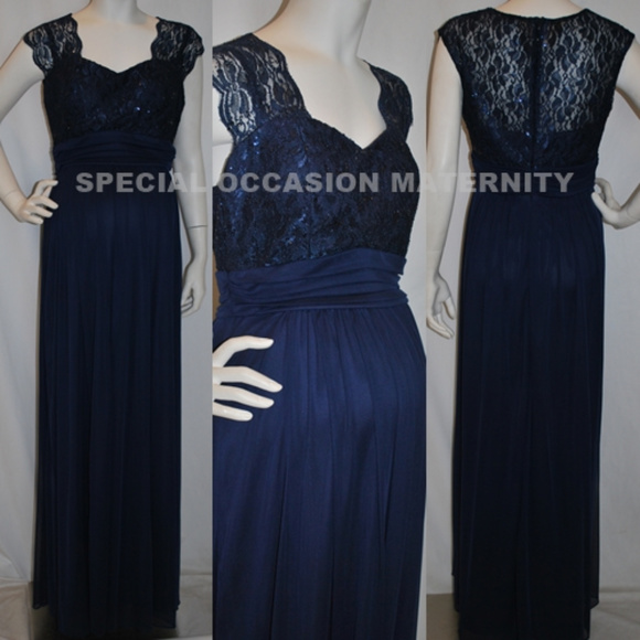 Long Navy Blue Lace Chiffon Maternity Dress NEW - Picture 1 of 6